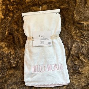 “Hello World” Rae Dunn Baby Blanket. Pink & White.